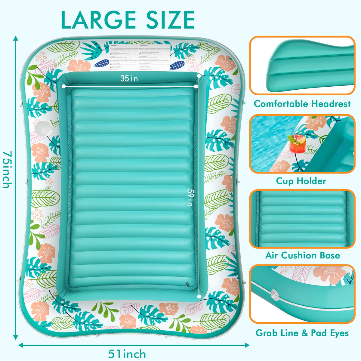 Inflatable Tanning Pool Lounger Float with Pillow & Cup Holder, 2 Pack Q7953