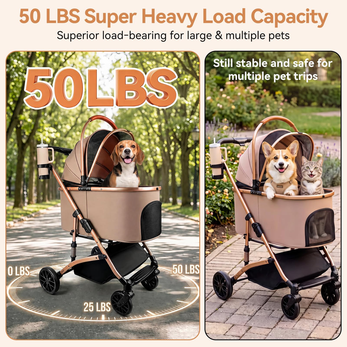 Khaki 3-in-1 Pet Stroller with Detachable Carrier A67809
