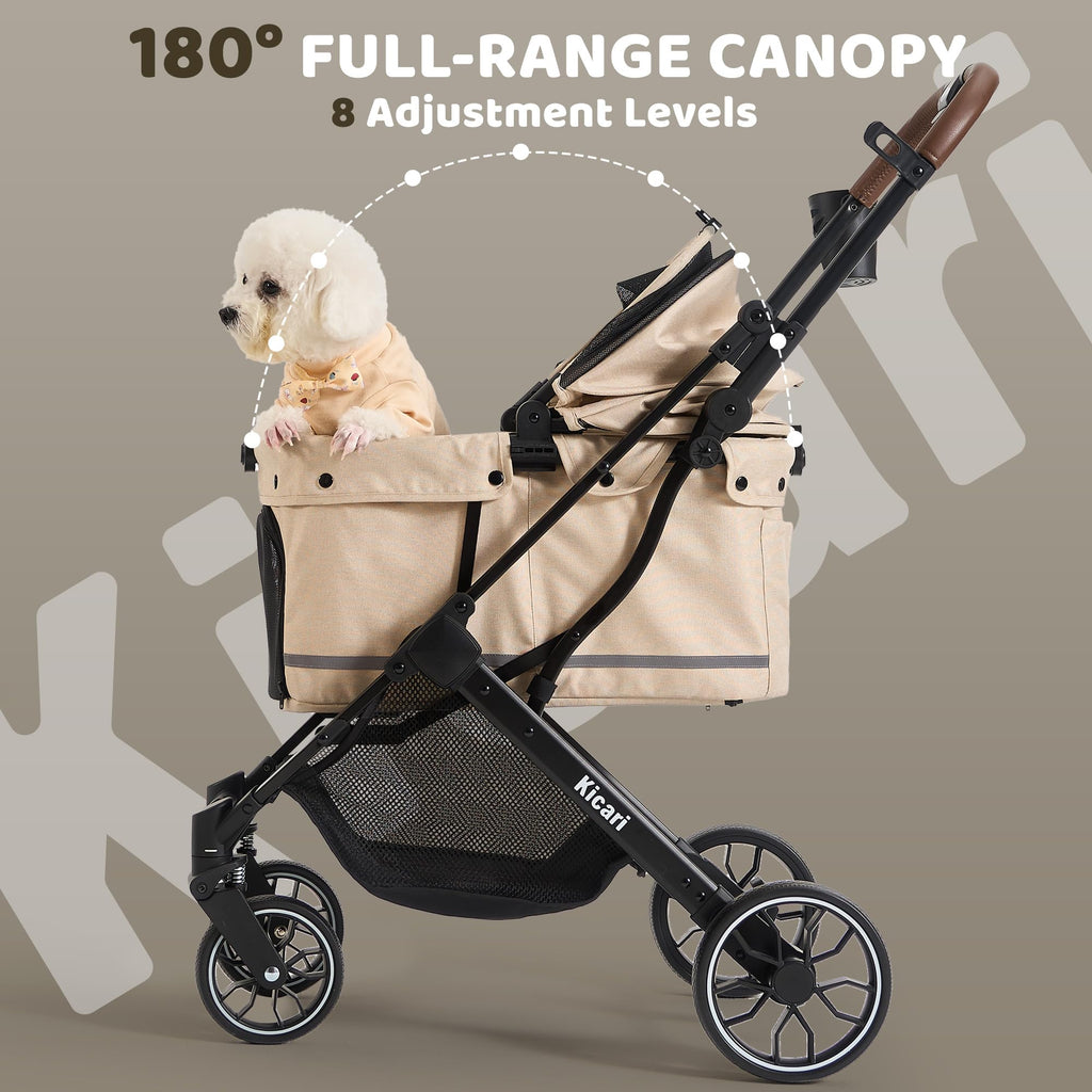All-Terrain Dog Stroller, One-Hand Fold, Anti-UV Waterproof Canopy, Vanilla Beige W1830