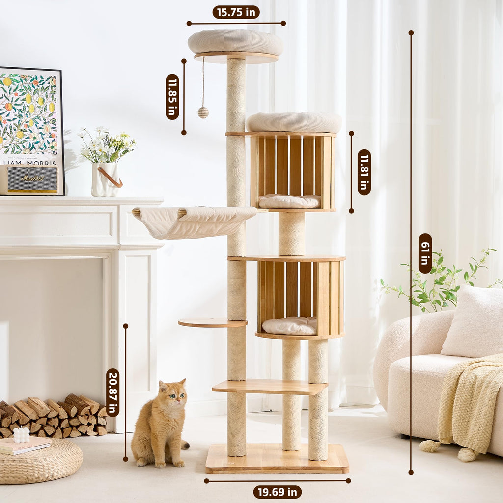 Solid Wood 70 Inches Tall Cat Tree Tower with Scratching Post O721