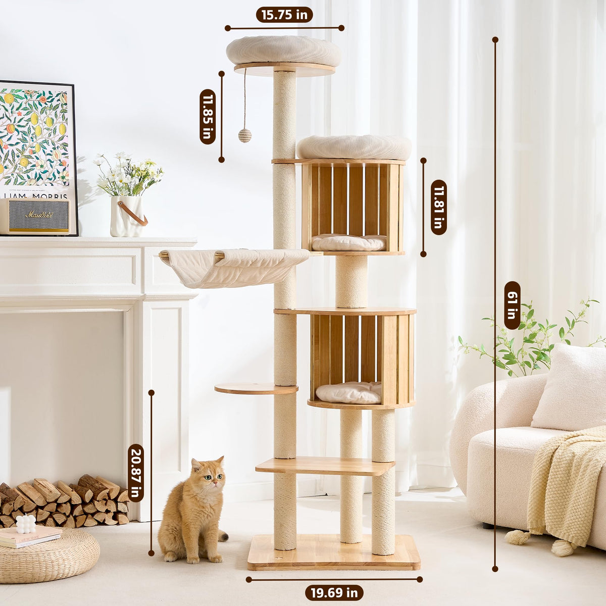 Solid Wood 70 Inches Tall Cat Tree Tower with Scratching Post O721