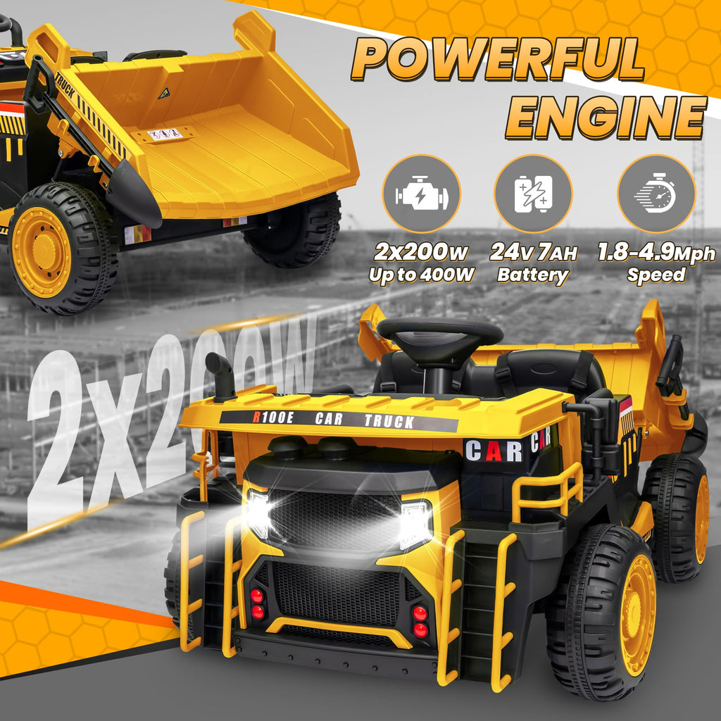 24V 2 Seater Ride on Dump Truck with 400W Motors, Yellow A7352