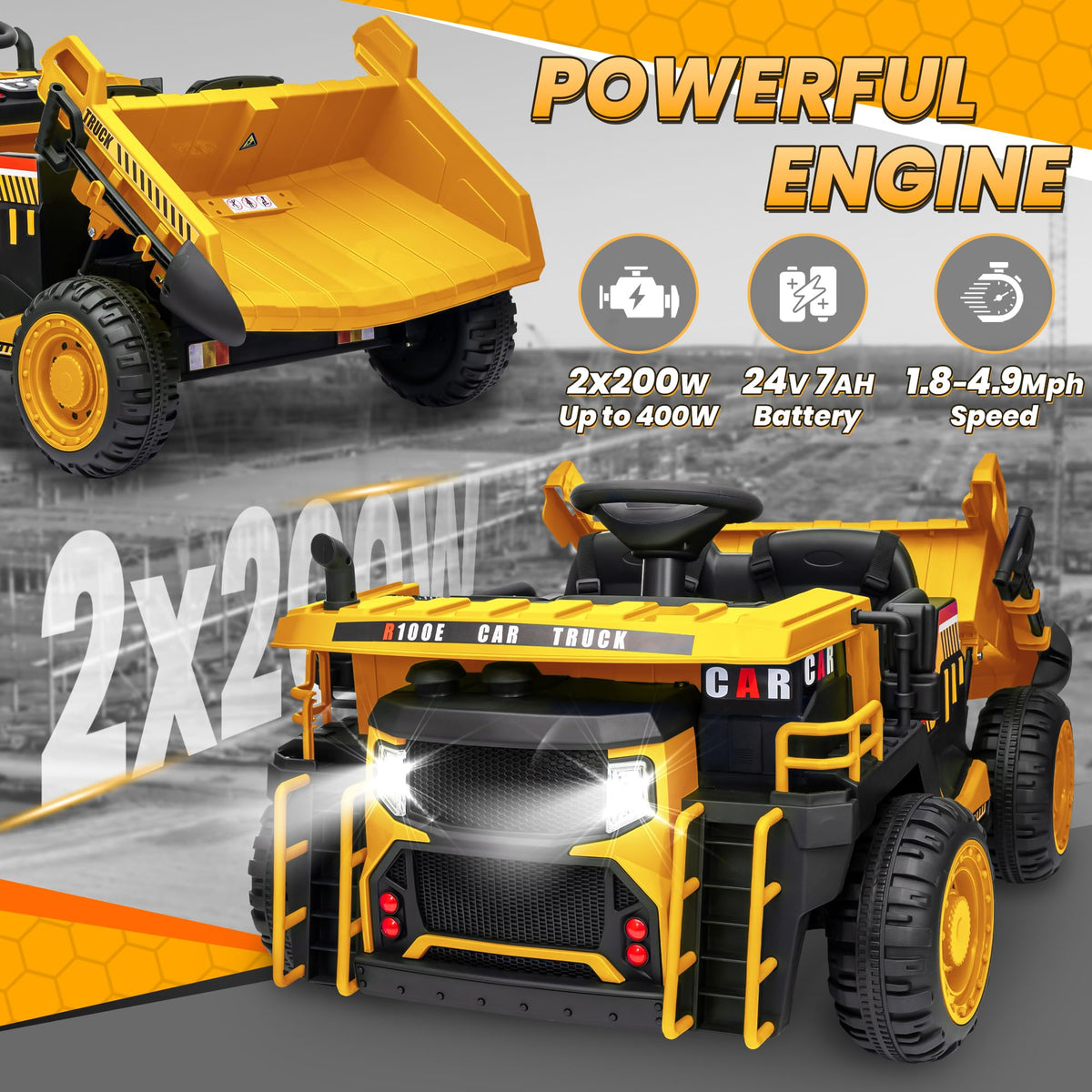 24V 2 Seater Ride on Dump Truck with 400W Motors, Yellow A7352