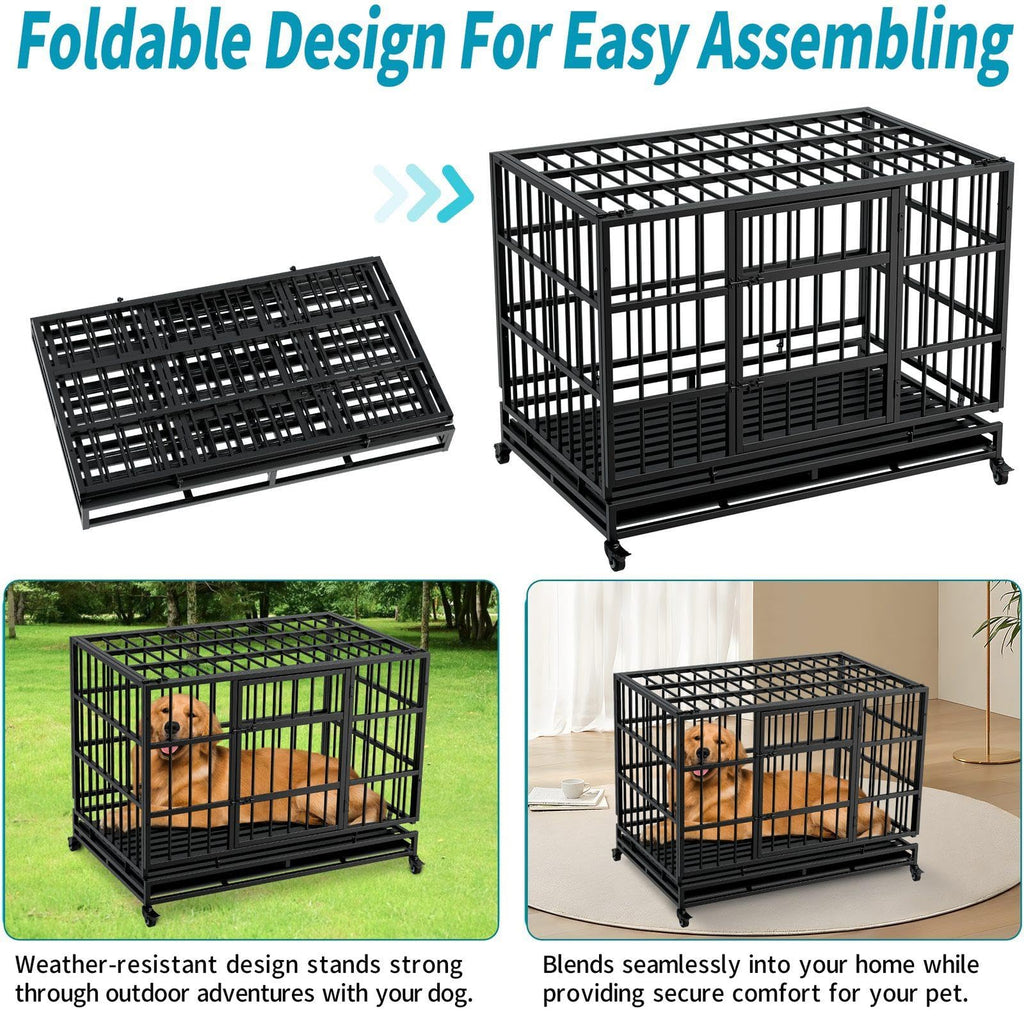 48 Inch Heavy Duty Metal Folding Dog Crate with Wheels and Double Doors T862