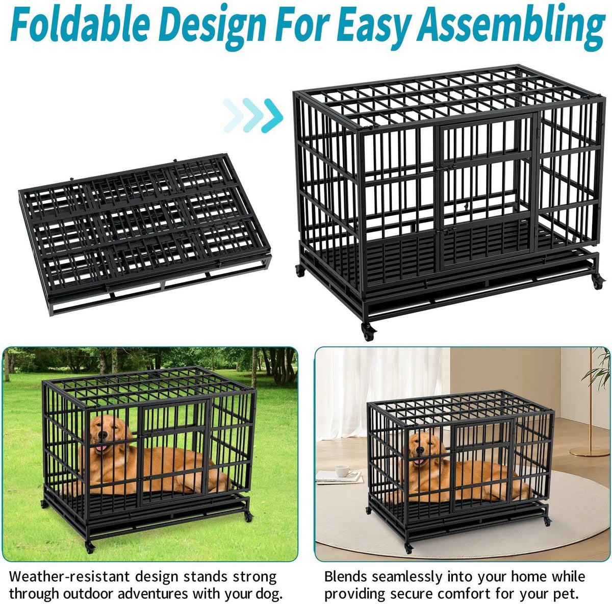 48 Inch Heavy Duty Metal Folding Dog Crate with Wheels and Double Doors T862