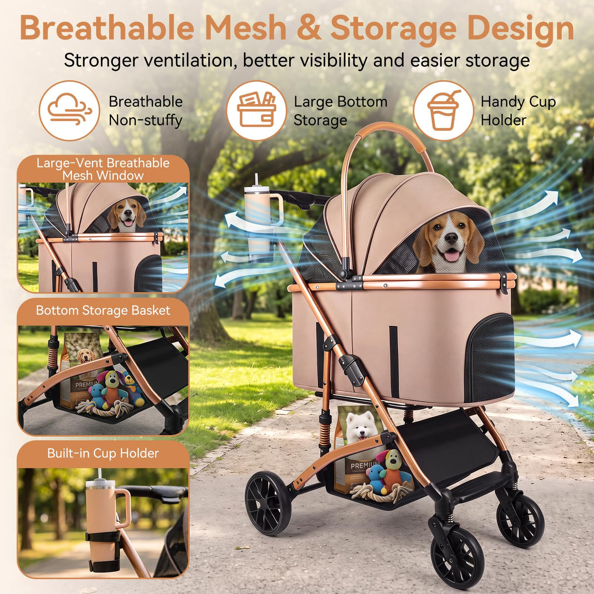 Khaki 3-in-1 Pet Stroller with Detachable Carrier A67809