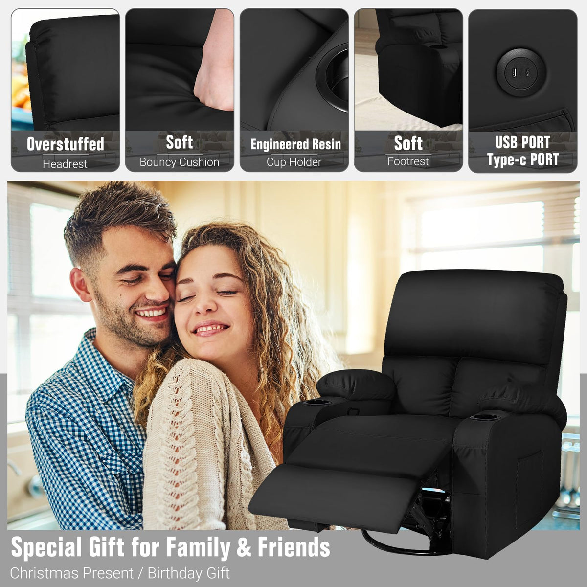 Black Faux Leather Massage Rocking Recliner Chair K6606