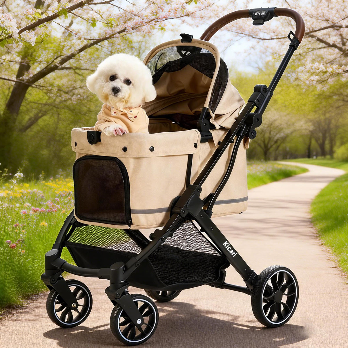 All-Terrain Dog Stroller, One-Hand Fold, Anti-UV Waterproof Canopy, Vanilla Beige W1830