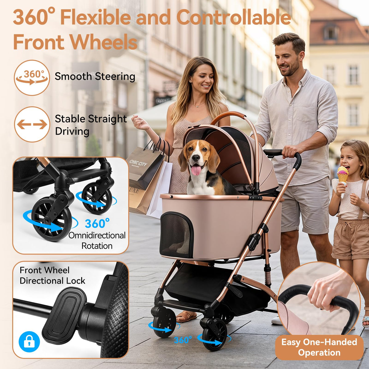 Khaki 3-in-1 Pet Stroller with Detachable Carrier A67809