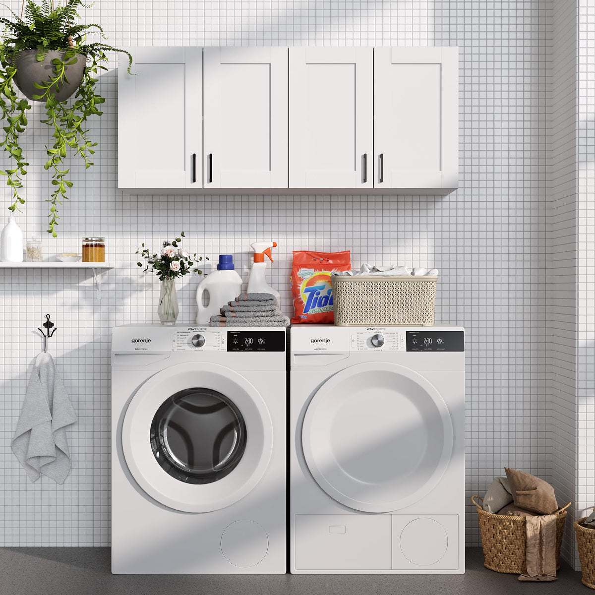 White Laundry Room Cabinets and Storage with 4 Doors and Adjustable Shelf T194306