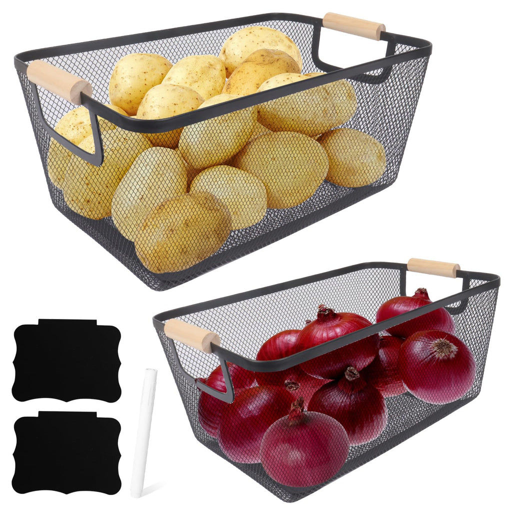 Potato and Onion Storage Bin, 2 Set Metal Mesh Baskets with Wooden Handle U448