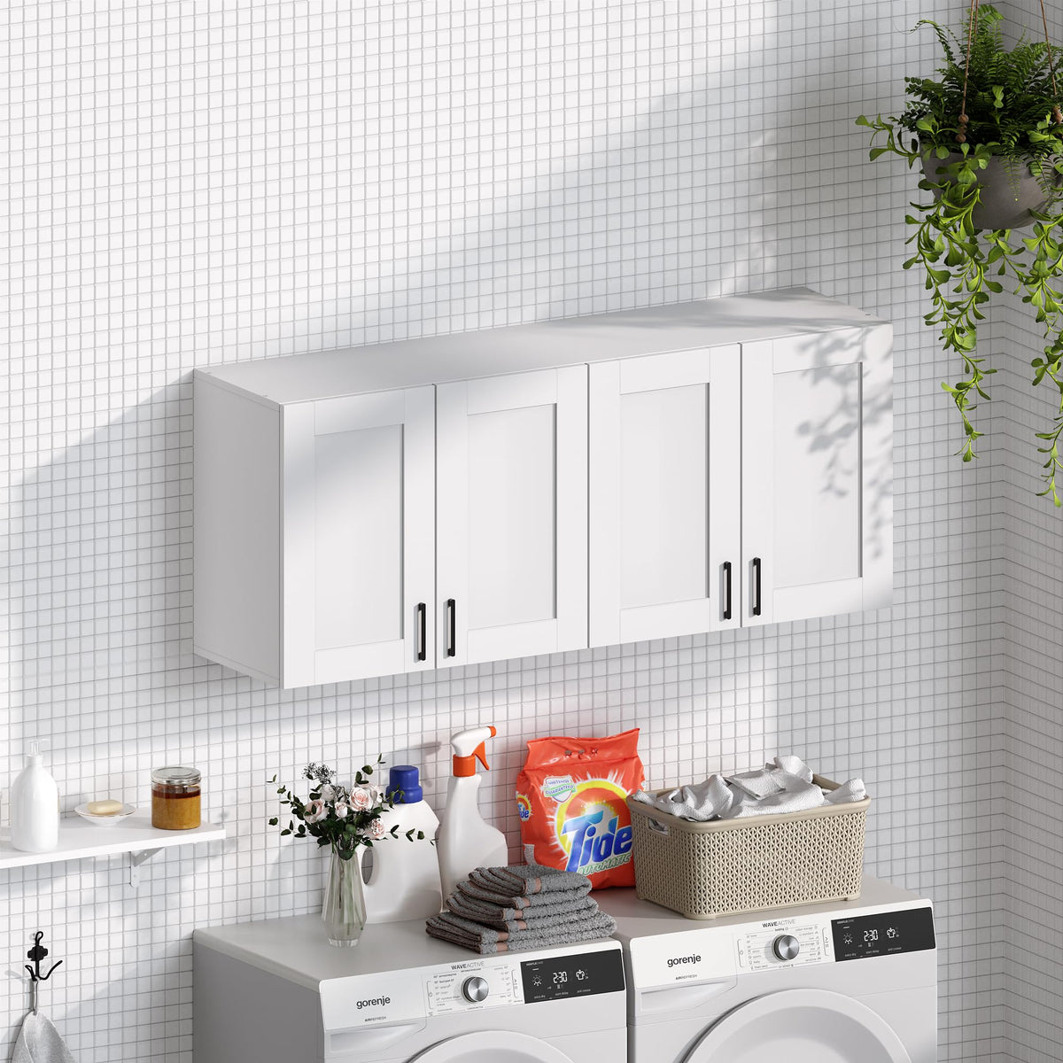 White Laundry Room Cabinets and Storage with 4 Doors and Adjustable Shelf T194306