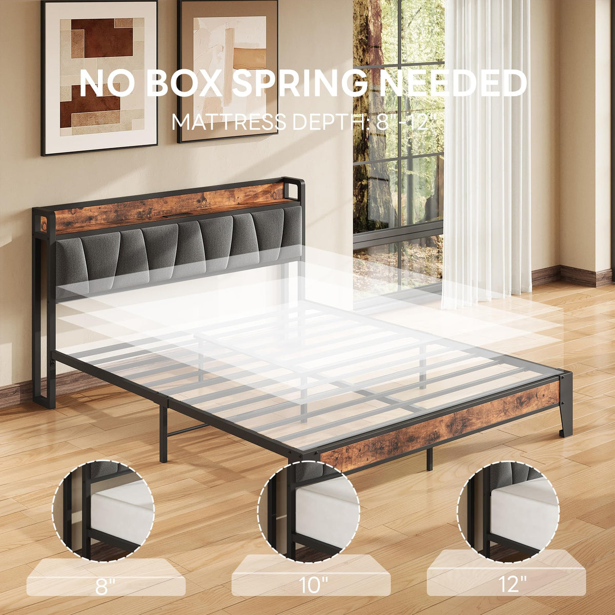 Queen Size Bed Frame with Storage Headboard and Charging Station G995617