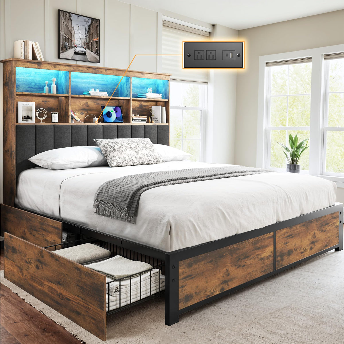 Queen Bed Frame with Headboard, Wood Bed Frame with Storage R9065