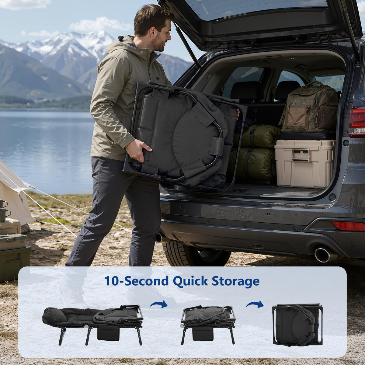 Folding Camping Cot with Mattress and Pillow, 450 Lbs Capacity, 69 Inch, Black I964880