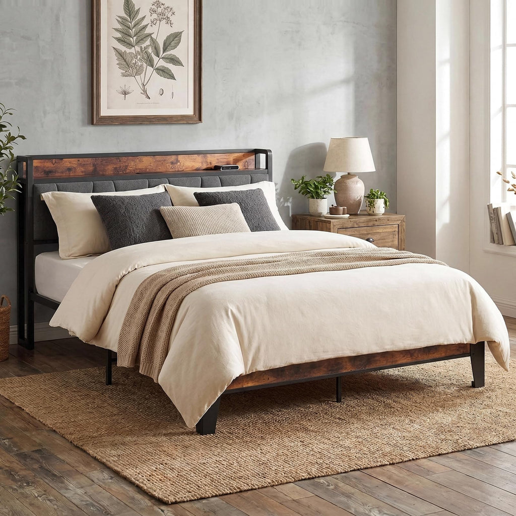 Queen Size Bed Frame with Storage Headboard and Charging Station G995617