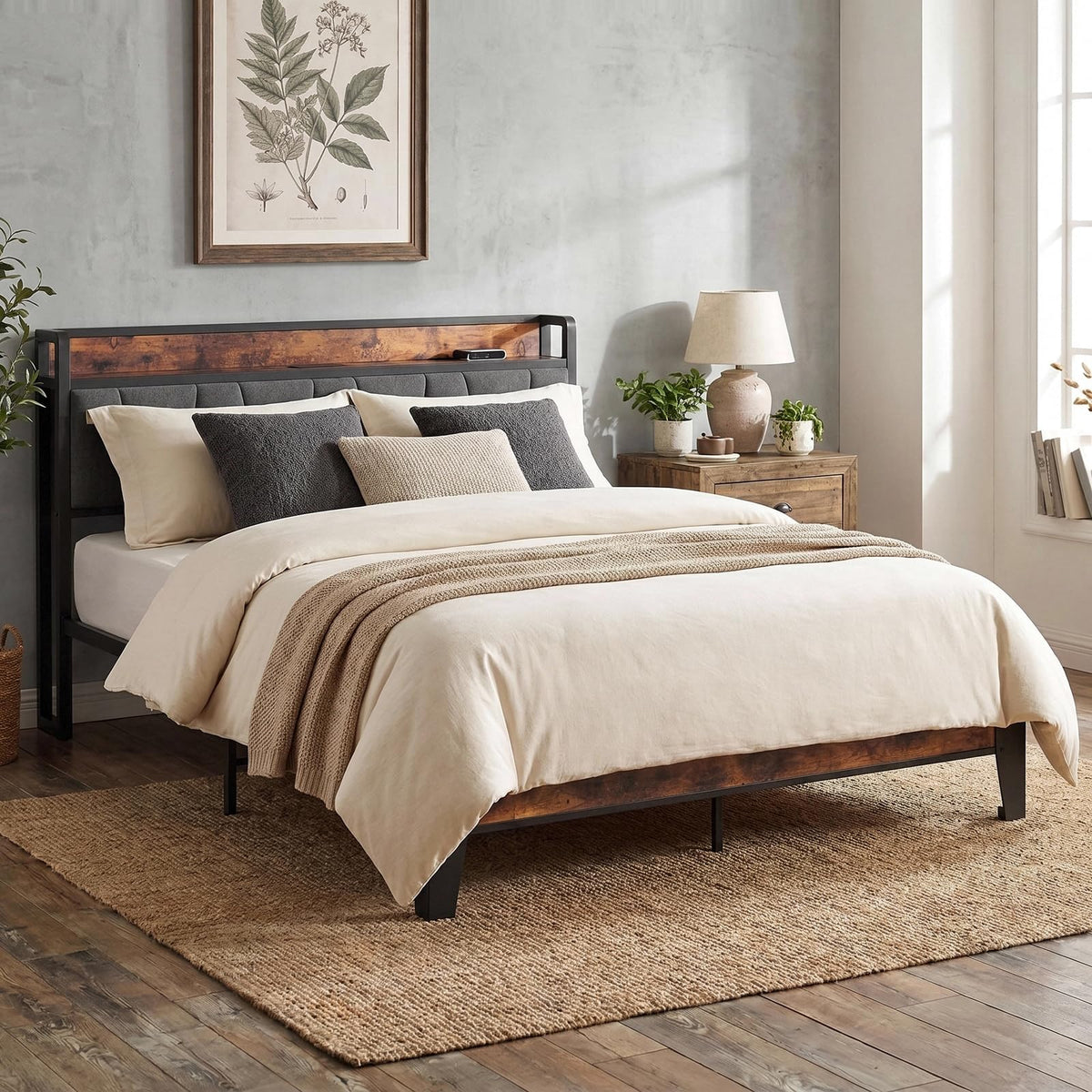 Queen Size Bed Frame with Storage Headboard and Charging Station G995617