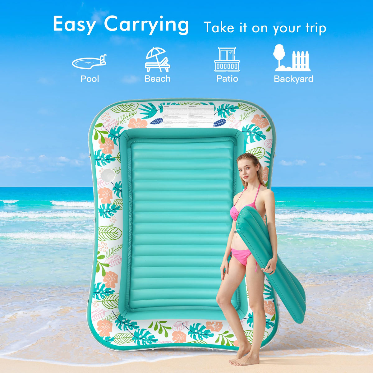 Inflatable Tanning Pool Lounger Float with Pillow & Cup Holder, 2 Pack Q7953
