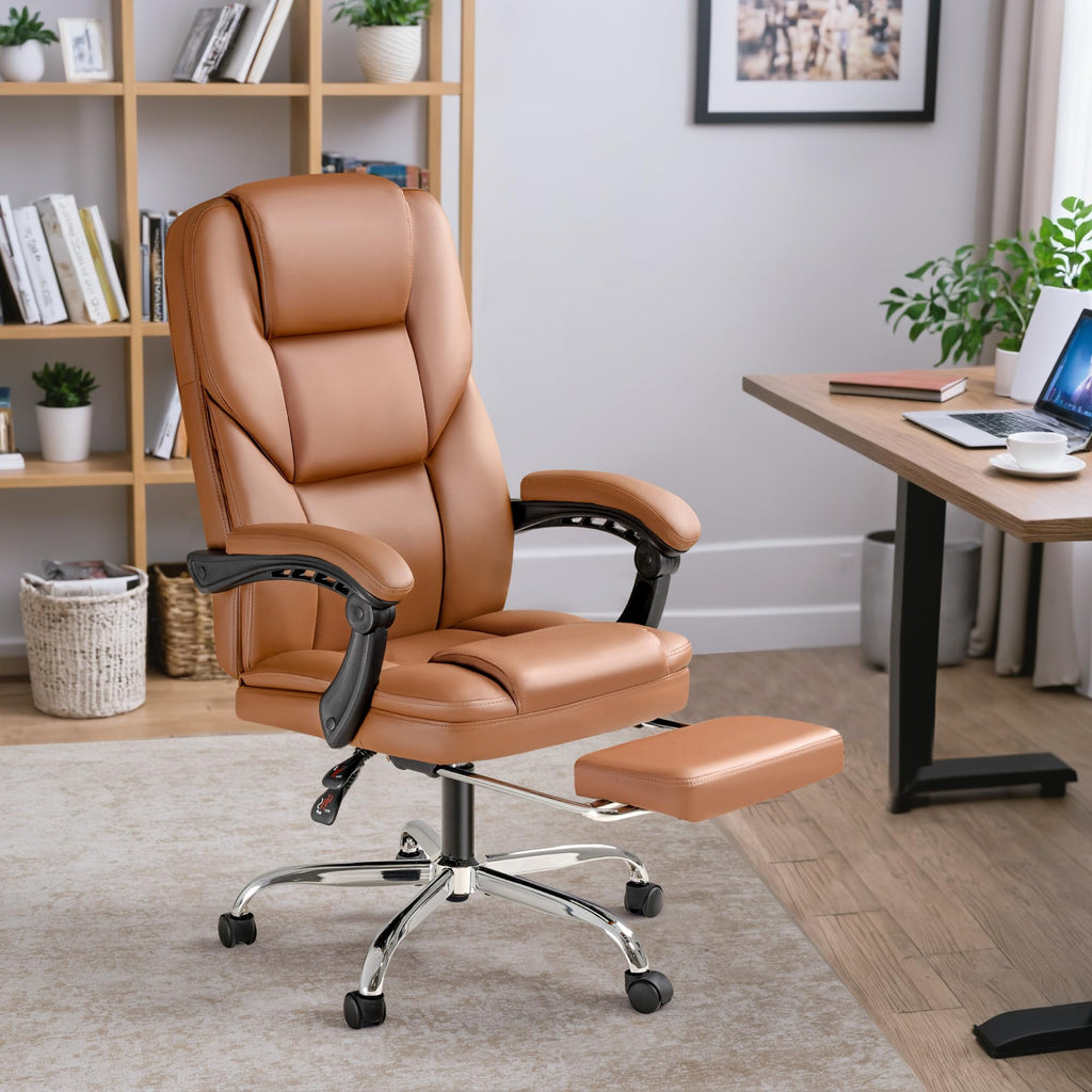 Brown Big and Tall Ergonomic Reclining Leather Office Chair with Foot Rest L583