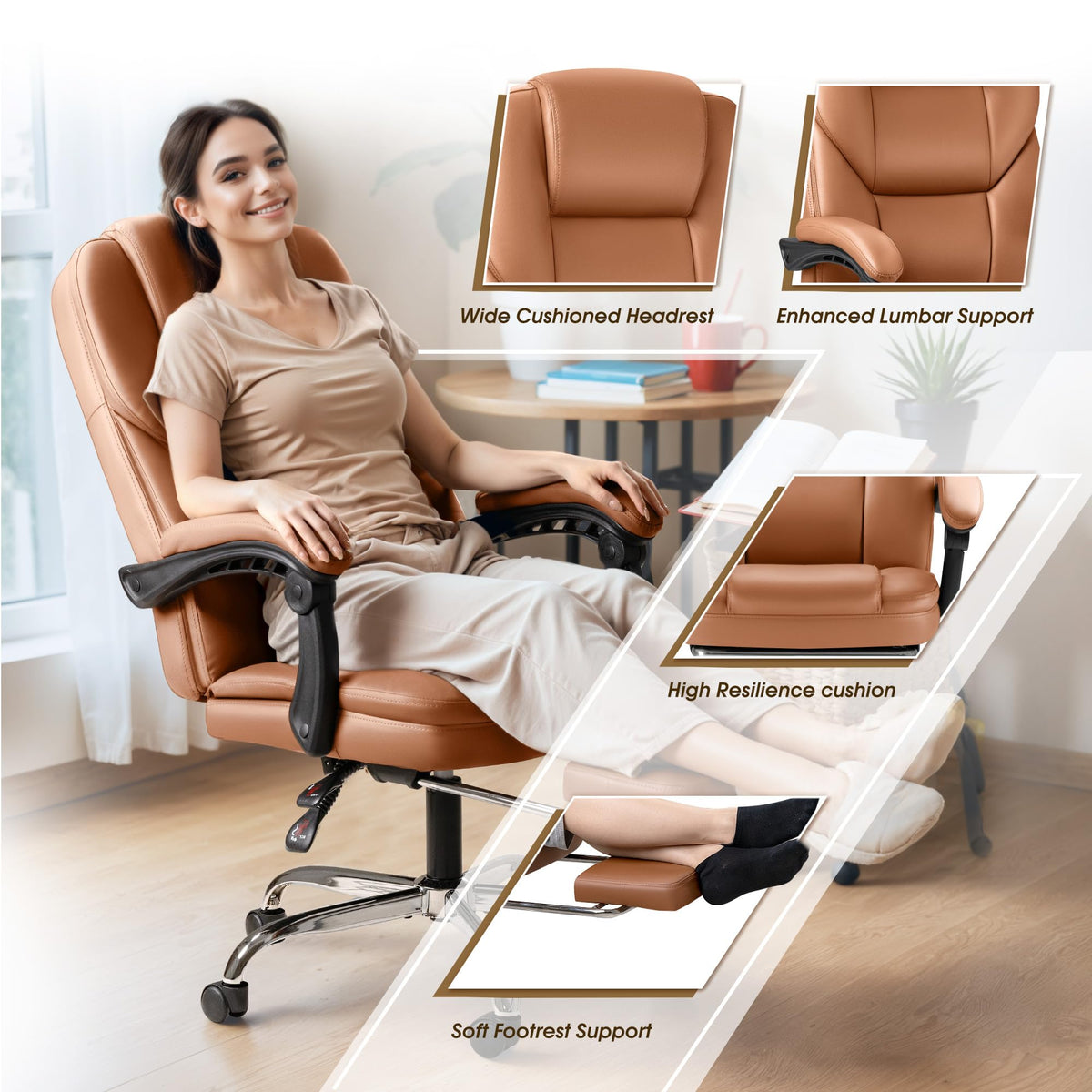 Brown Big and Tall Ergonomic Reclining Leather Office Chair with Foot Rest L583