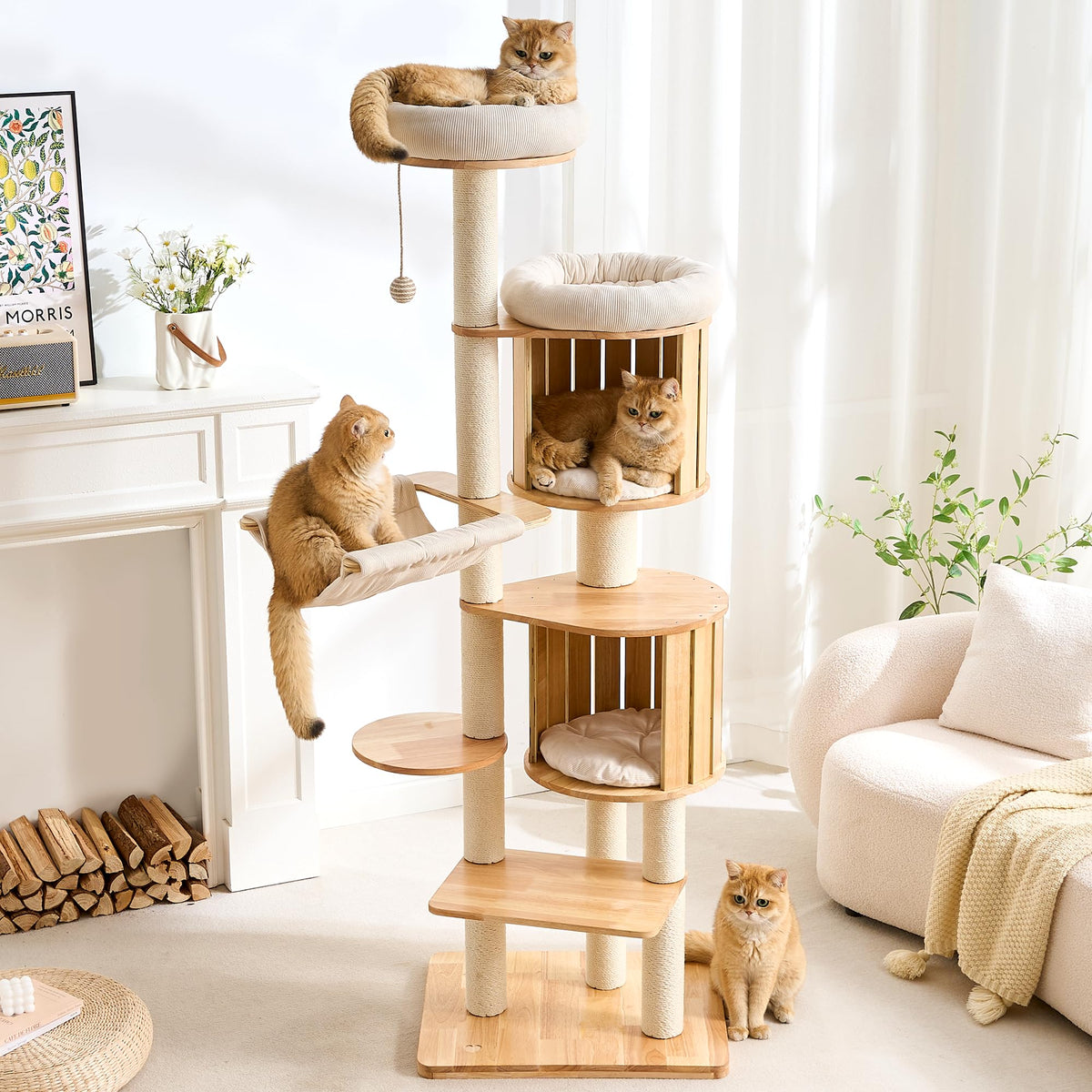 Solid Wood 70 Inches Tall Cat Tree Tower with Scratching Post O721