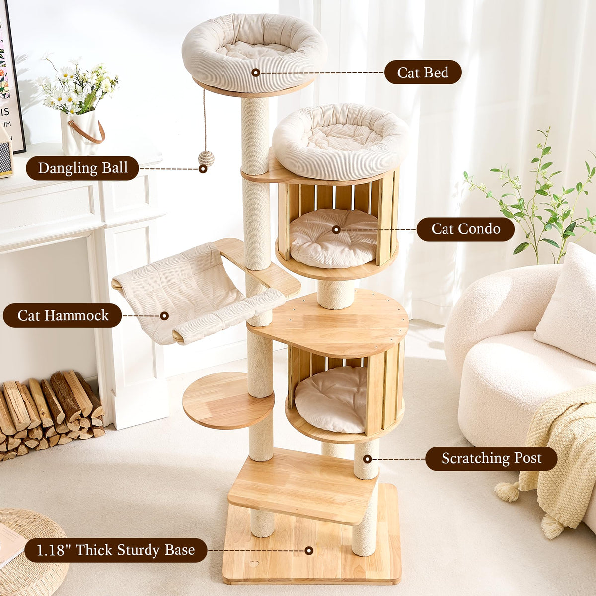Solid Wood 70 Inches Tall Cat Tree Tower with Scratching Post O721