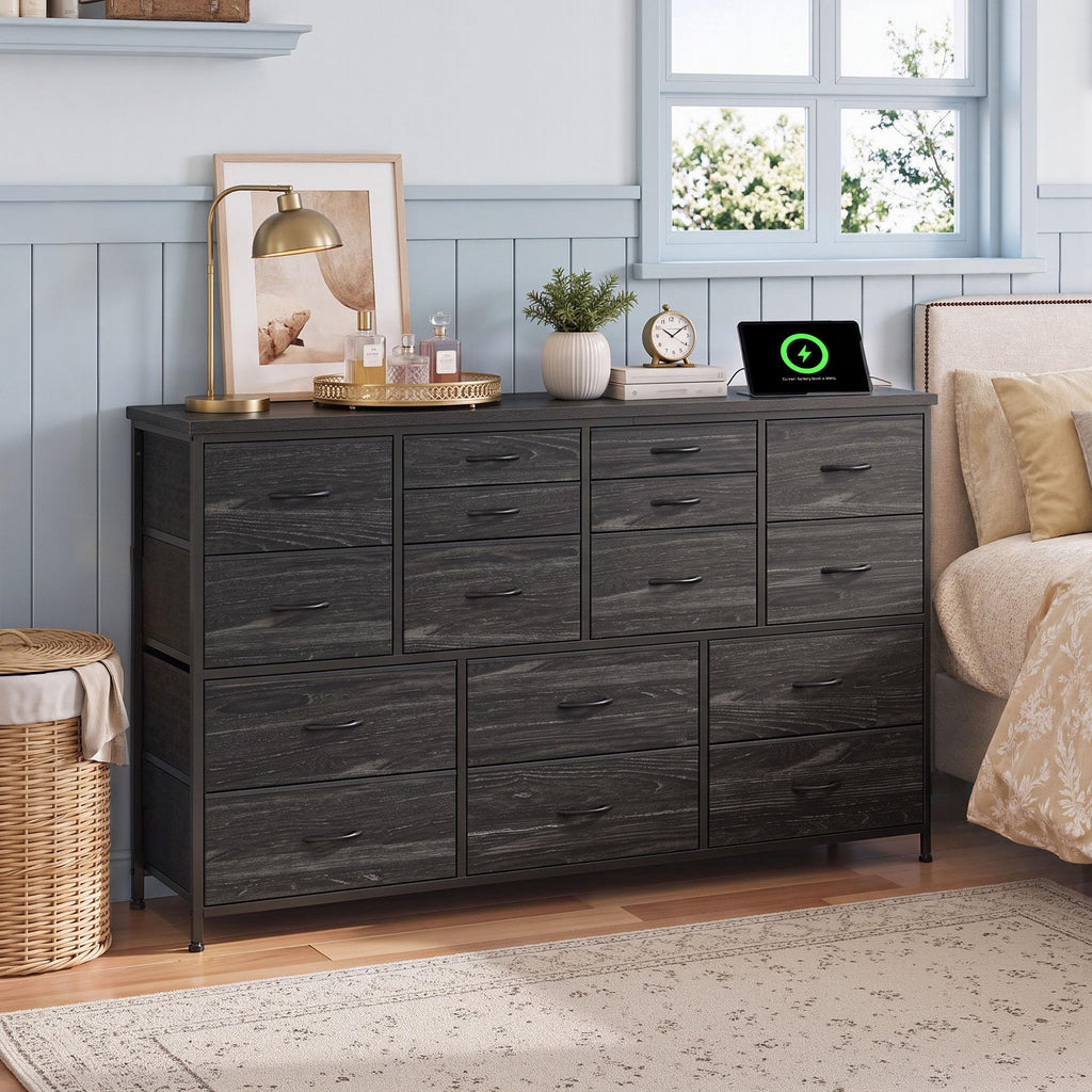 Black 16 Fabric Drawer Dresser with TV Stand P4408