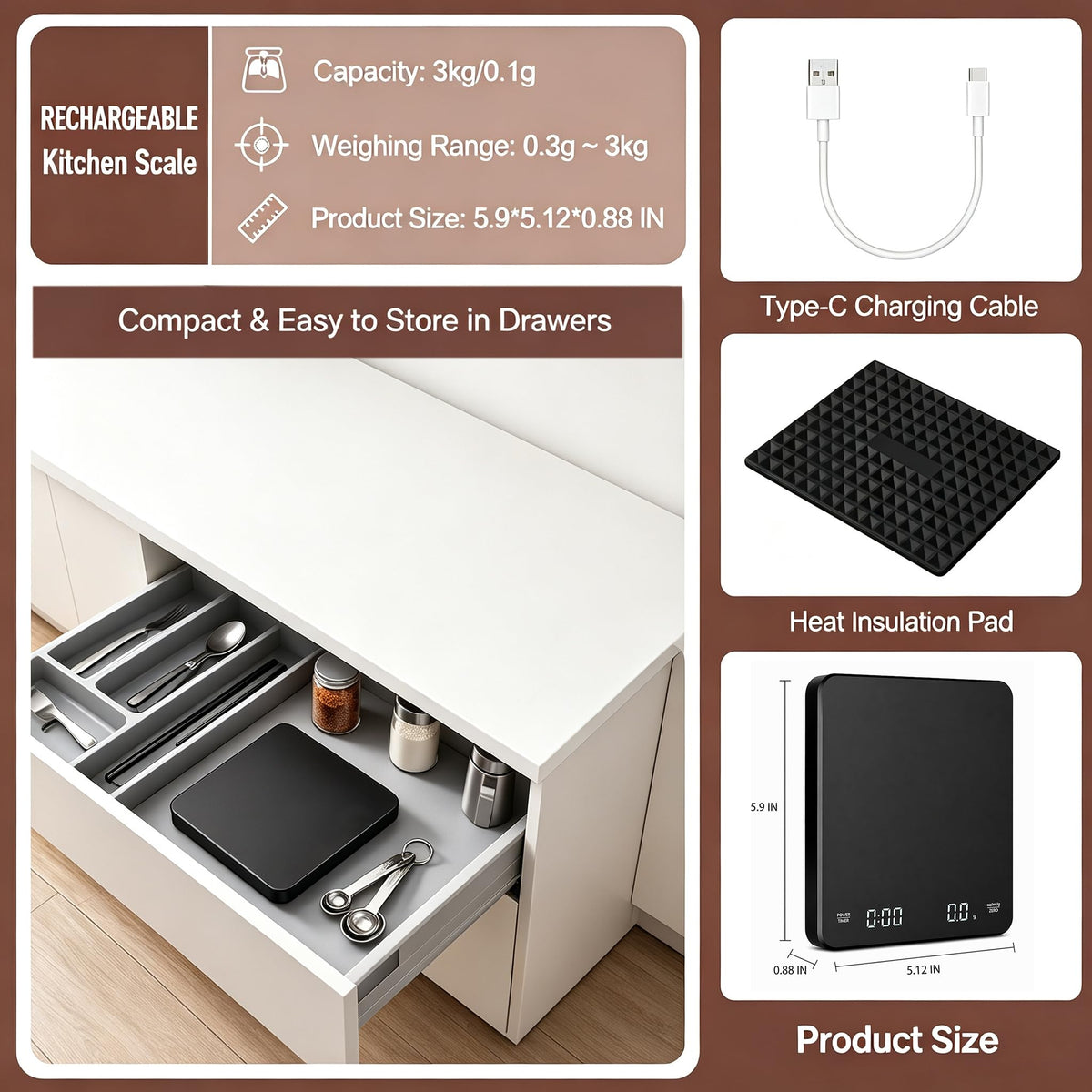 Rechargeable Digital Coffee Scale with Timer K7357