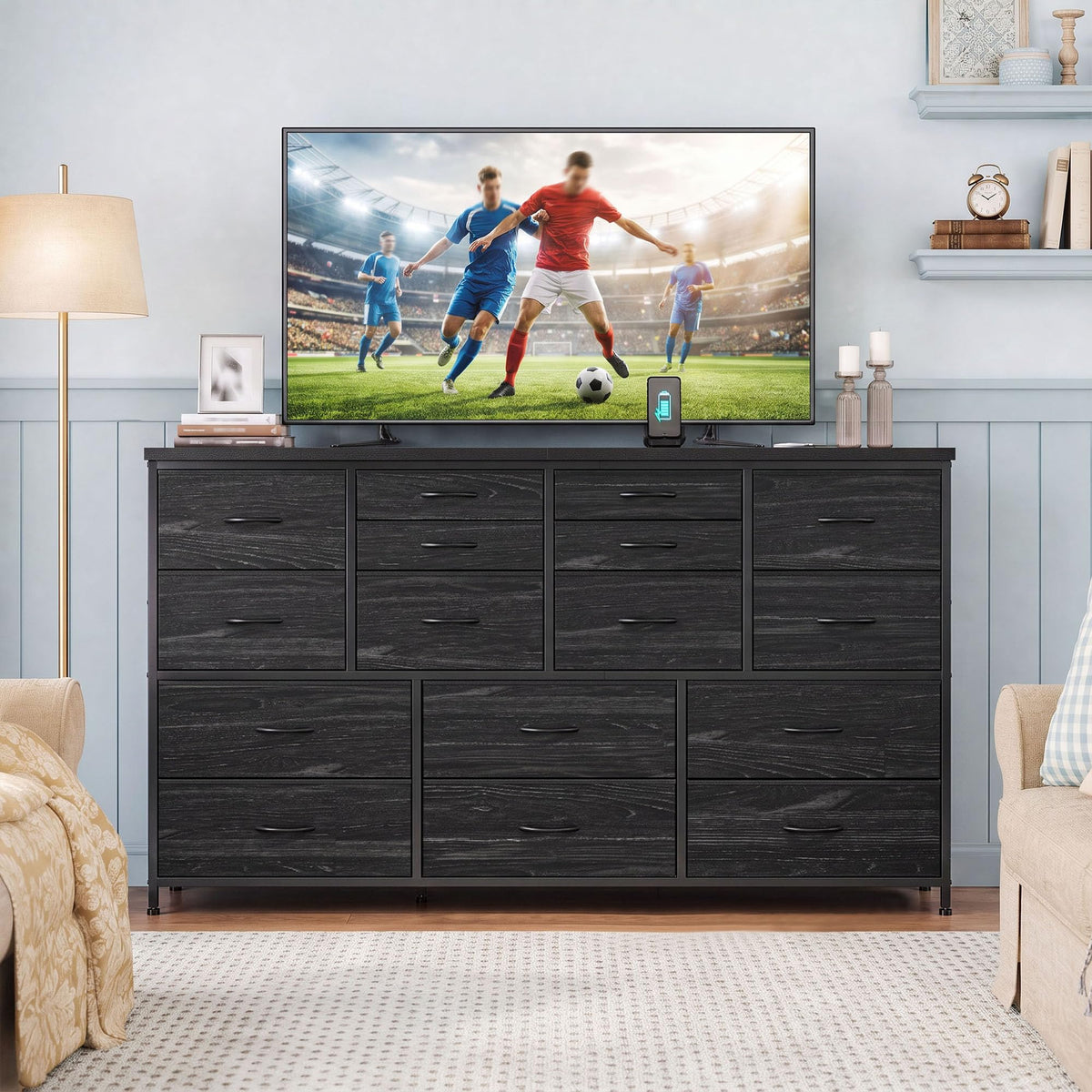 Black 16 Fabric Drawer Dresser with TV Stand P4408