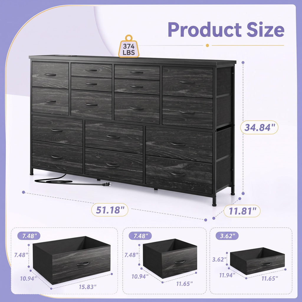 Black 16 Fabric Drawer Dresser with TV Stand P4408