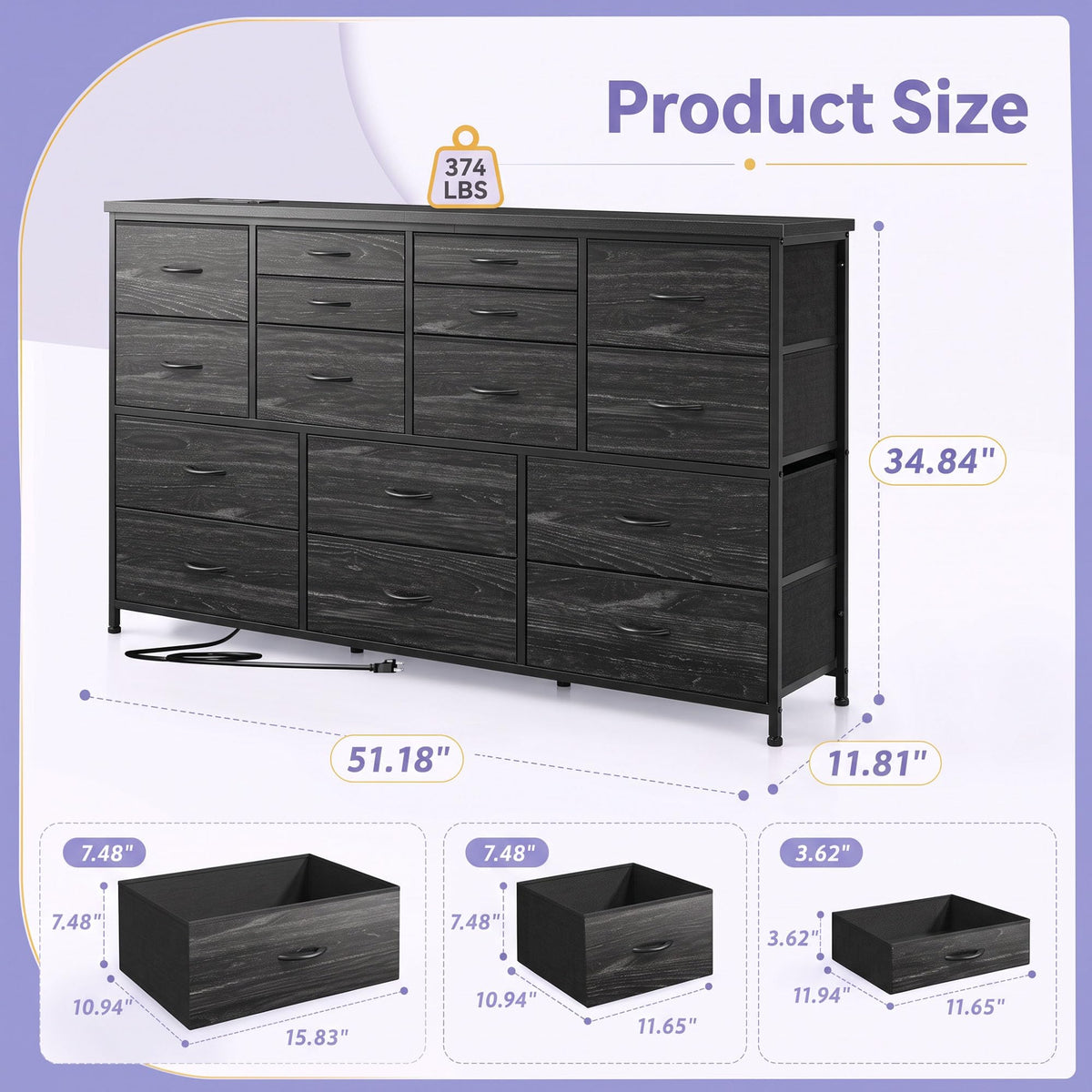 Black 16 Fabric Drawer Dresser with TV Stand P4408