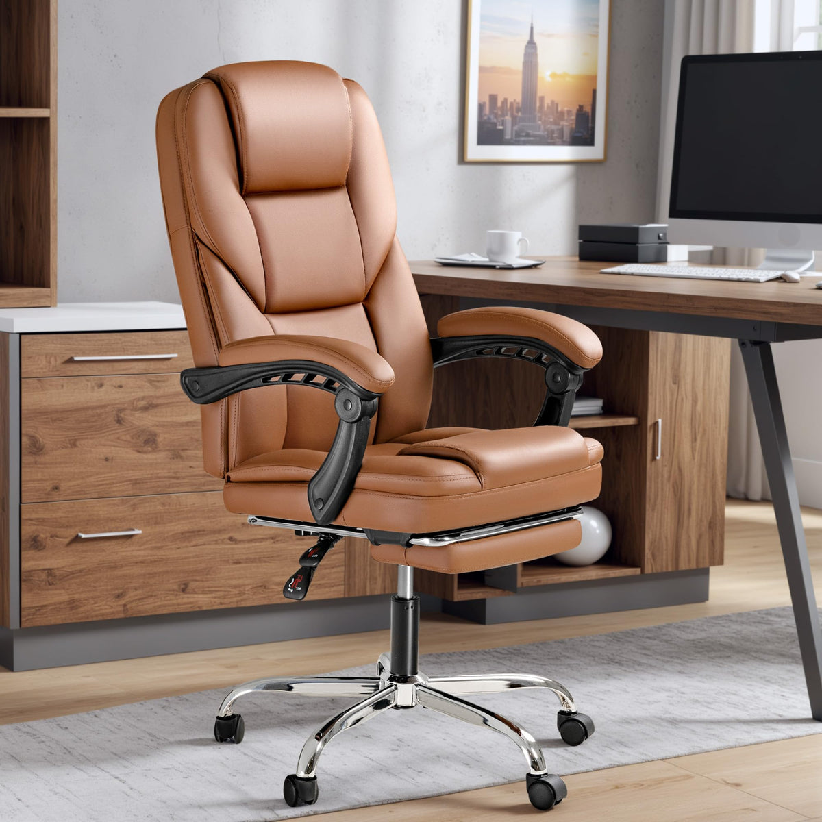 Brown Big and Tall Ergonomic Reclining Leather Office Chair with Foot Rest L583