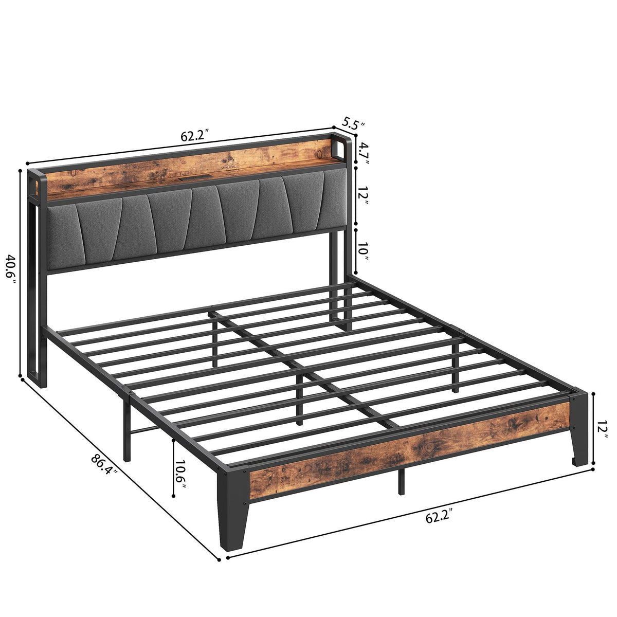 Queen Size Bed Frame with Storage Headboard and Charging Station G995617