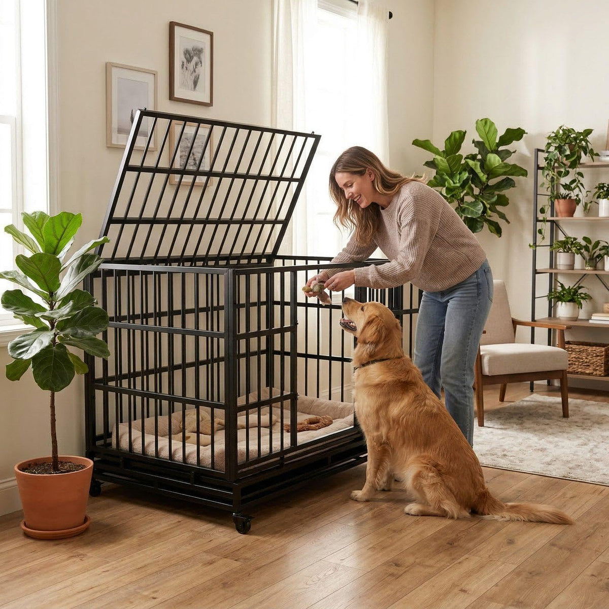 48 Inch Heavy Duty Metal Folding Dog Crate with Wheels and Double Doors T862