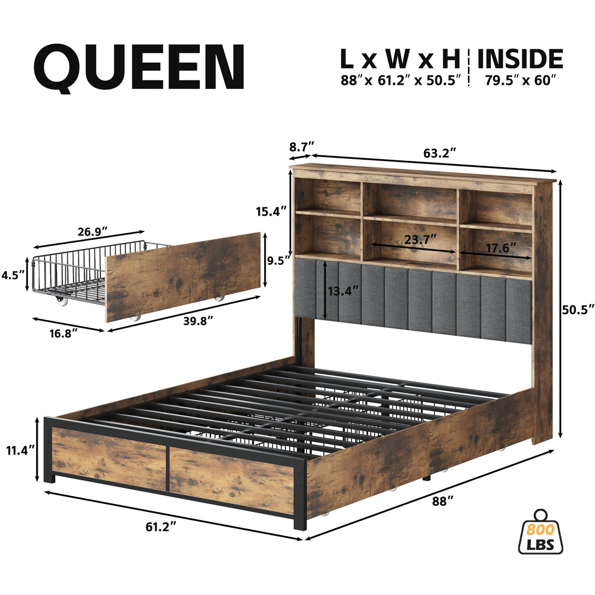 Queen Bed Frame with Headboard, Wood Bed Frame with Storage R9065