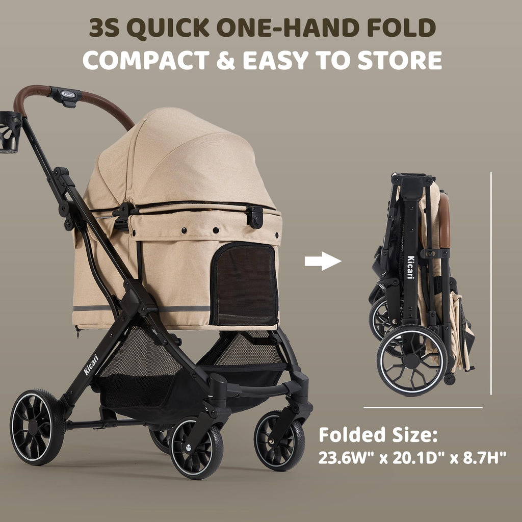 All-Terrain Dog Stroller, One-Hand Fold, Anti-UV Waterproof Canopy, Vanilla Beige W1830