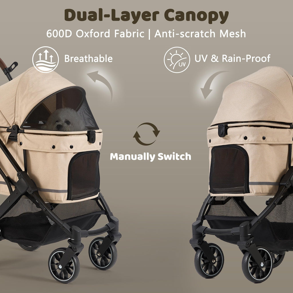 All-Terrain Dog Stroller, One-Hand Fold, Anti-UV Waterproof Canopy, Vanilla Beige W1830