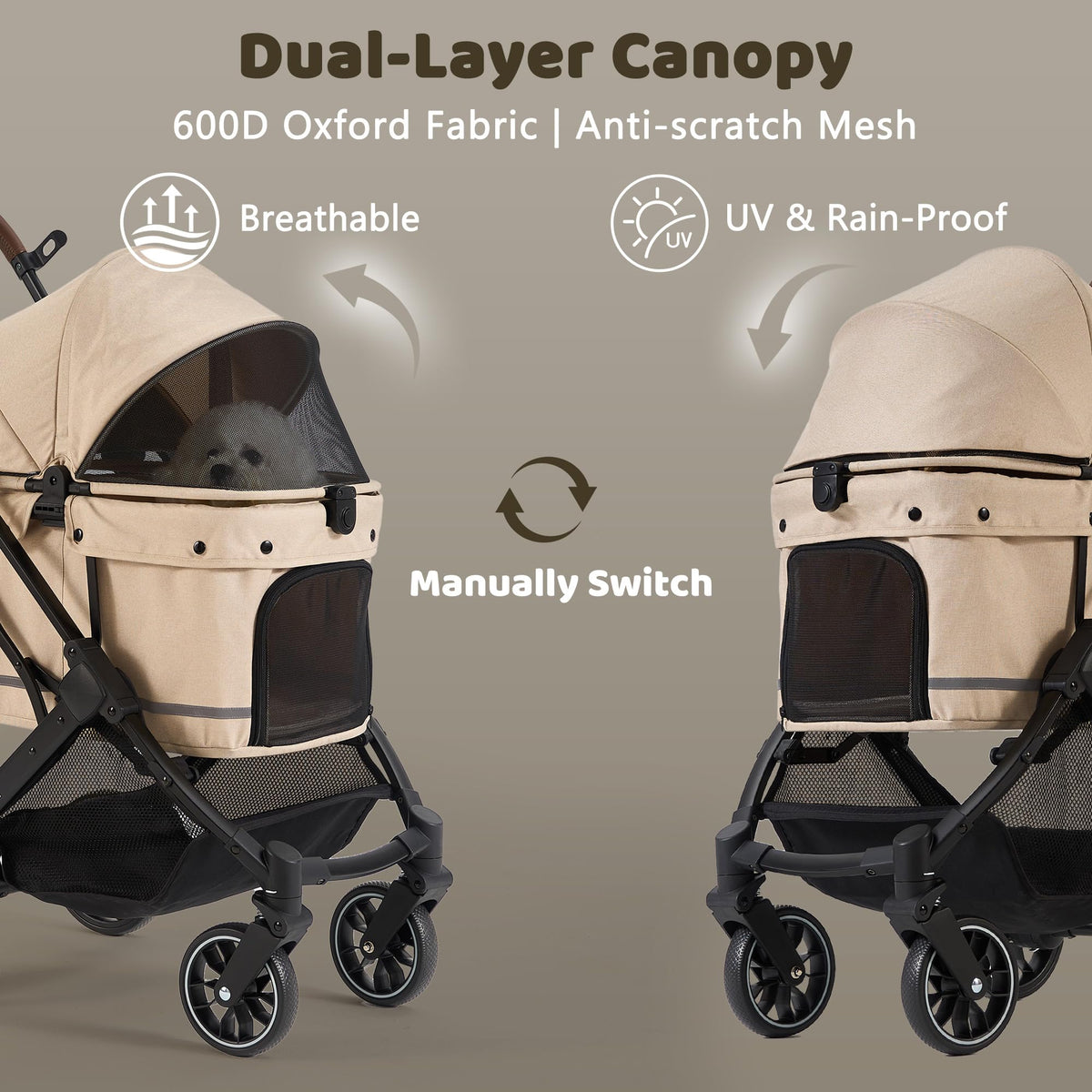 All-Terrain Dog Stroller, One-Hand Fold, Anti-UV Waterproof Canopy, Vanilla Beige W1830