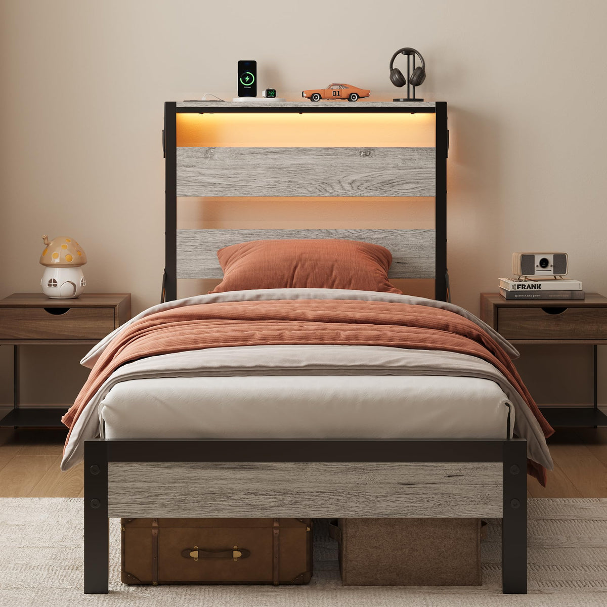 Grey Twin Platform Bed Frame with Storage Headboard E741768