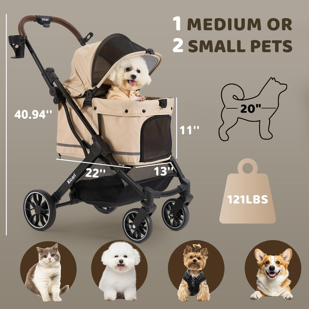 All-Terrain Dog Stroller, One-Hand Fold, Anti-UV Waterproof Canopy, Vanilla Beige W1830