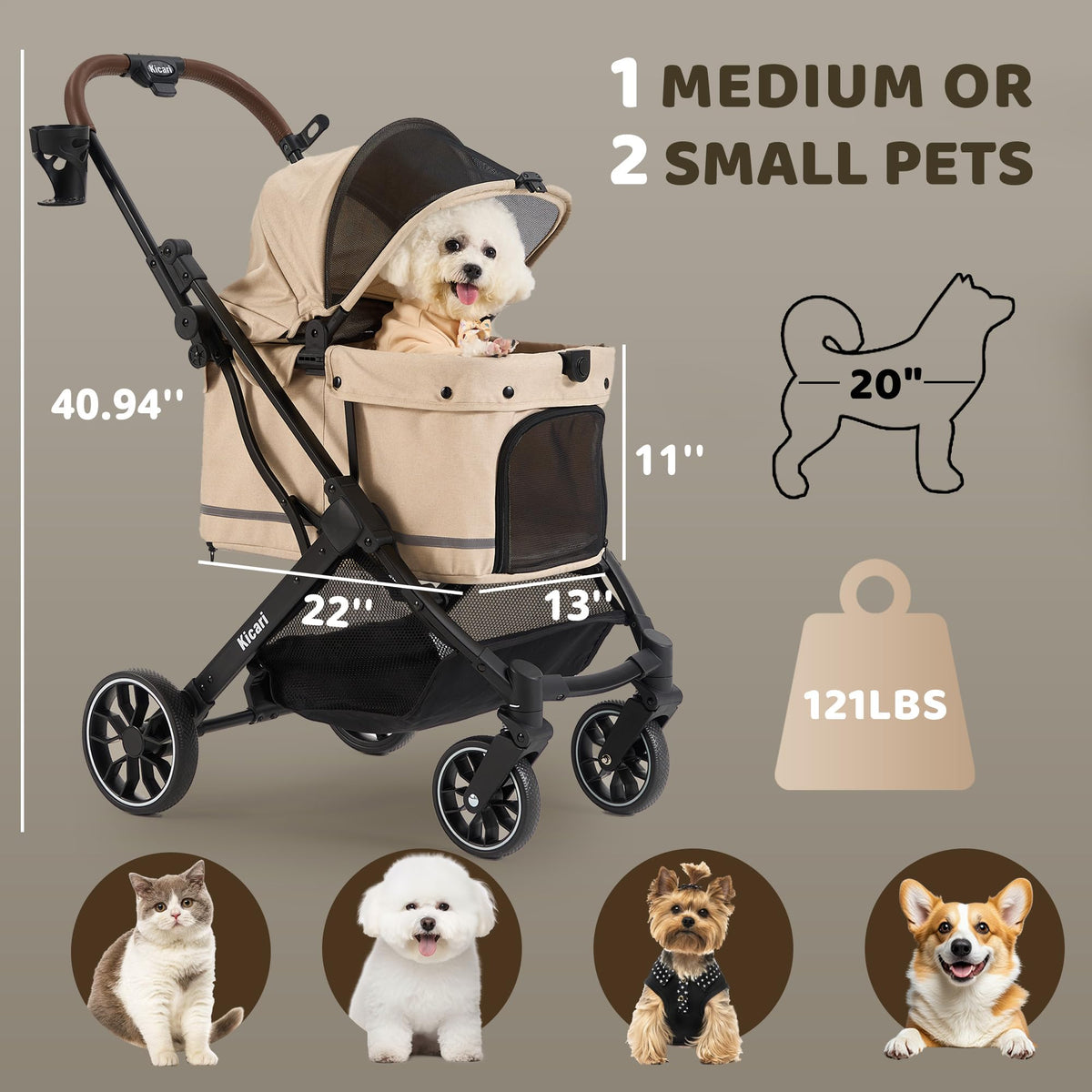 All-Terrain Dog Stroller, One-Hand Fold, Anti-UV Waterproof Canopy, Vanilla Beige W1830