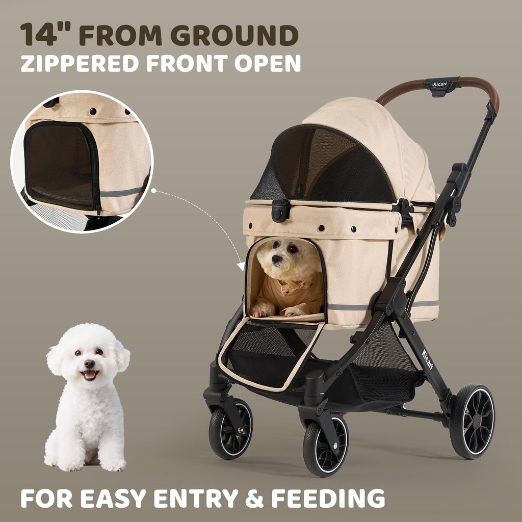 All-Terrain Dog Stroller, One-Hand Fold, Anti-UV Waterproof Canopy, Vanilla Beige W1830