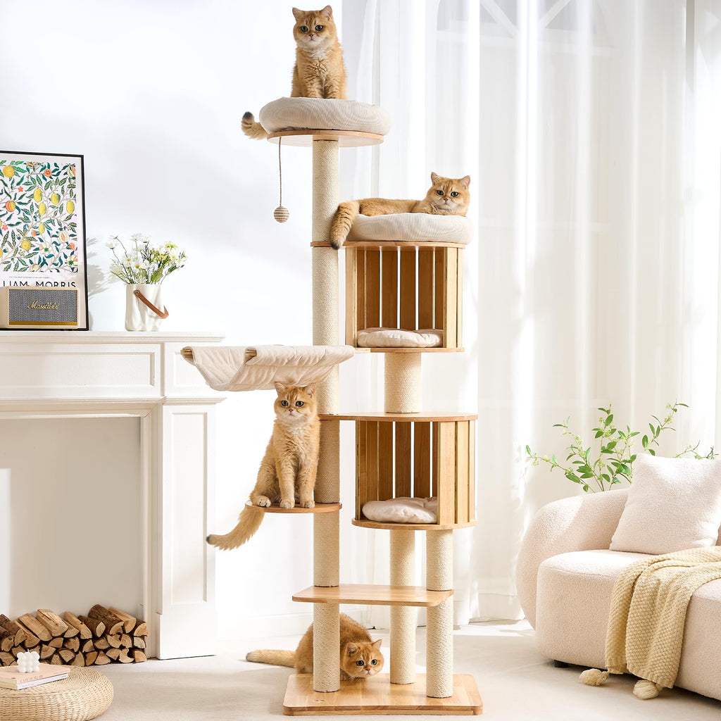Solid Wood 70 Inches Tall Cat Tree Tower with Scratching Post O721