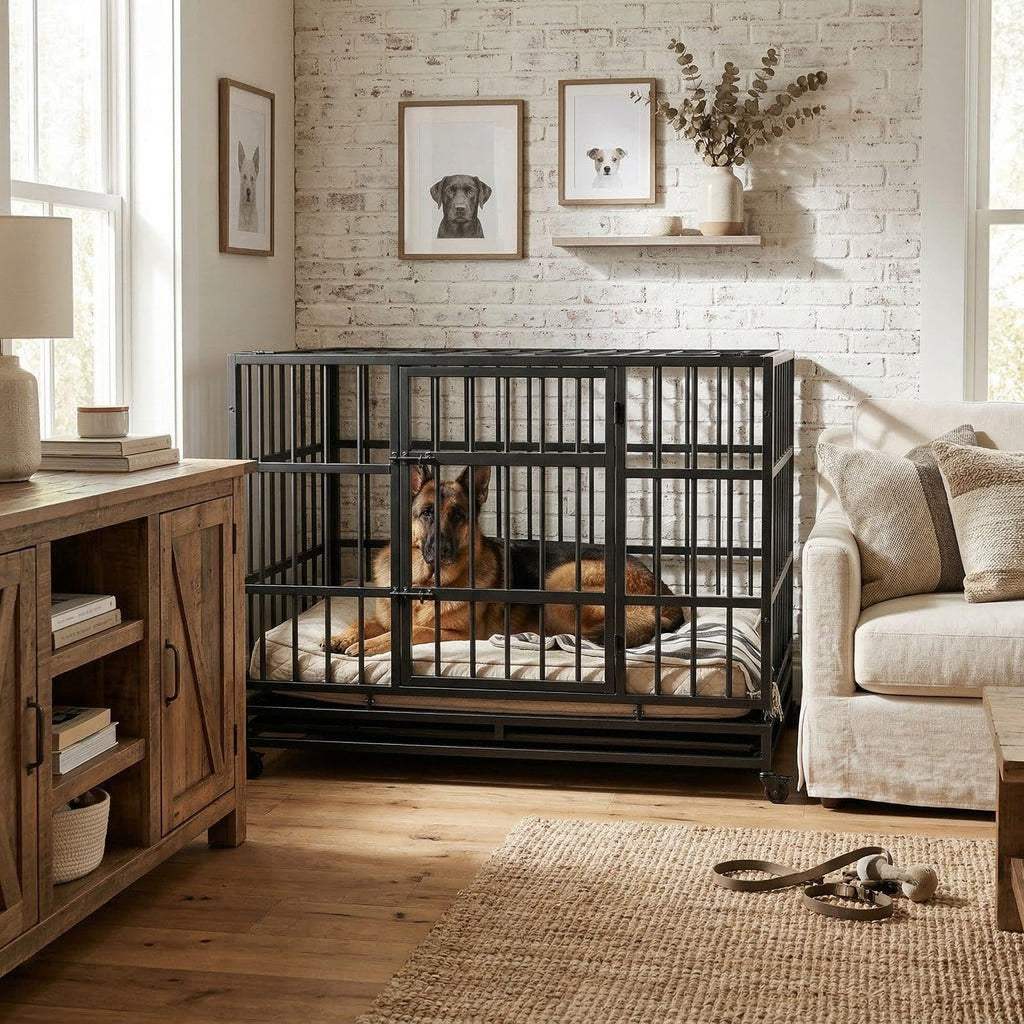 48 Inch Heavy Duty Metal Folding Dog Crate with Wheels and Double Doors T862