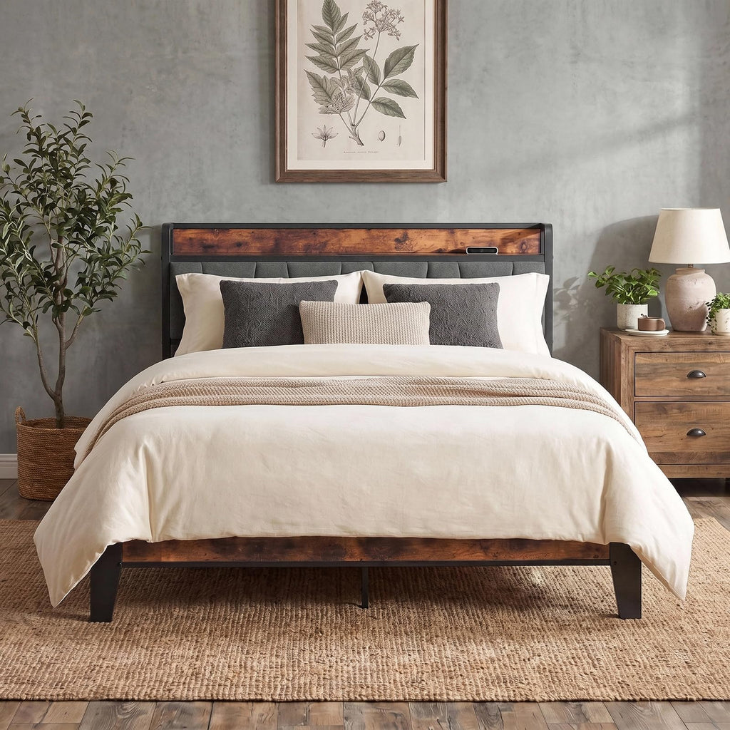 Queen Size Bed Frame with Storage Headboard and Charging Station G995617