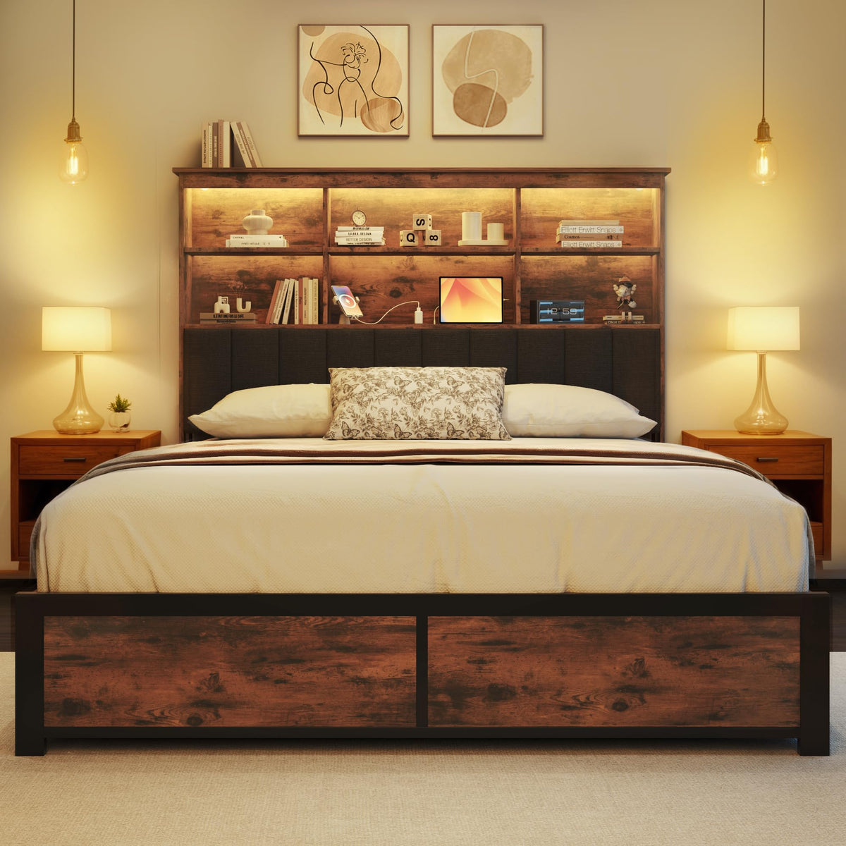 Queen Bed Frame with Headboard, Wood Bed Frame with Storage R9065