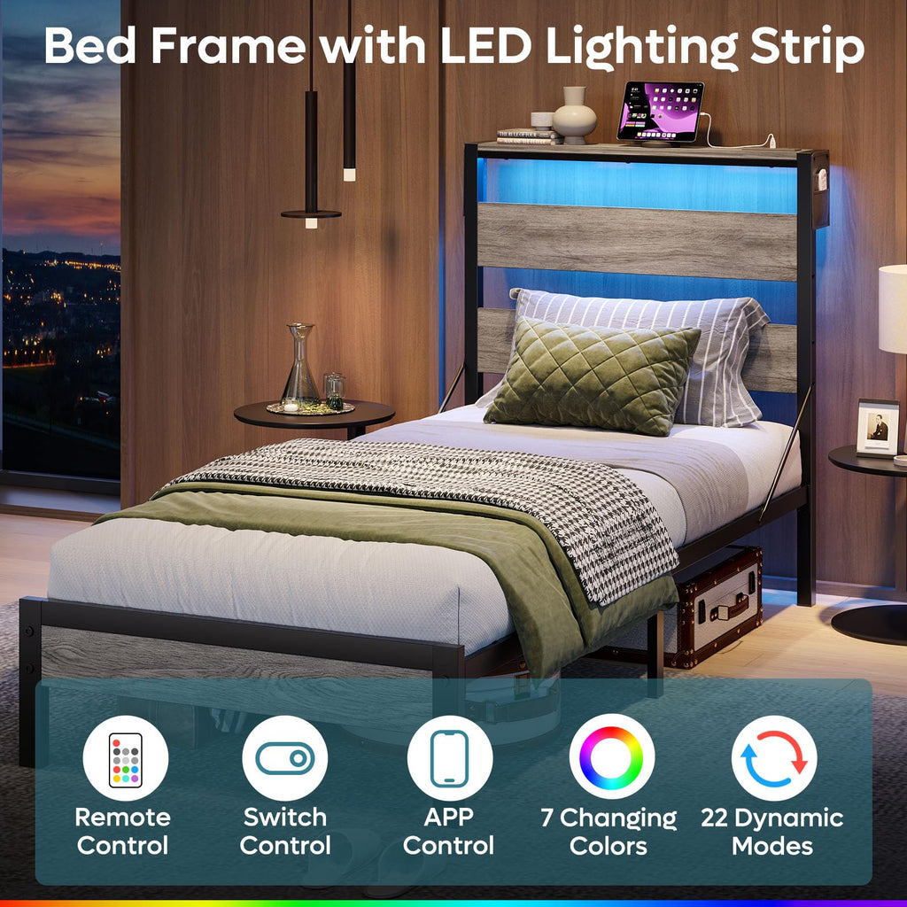 Grey Twin Platform Bed Frame with Storage Headboard E741768