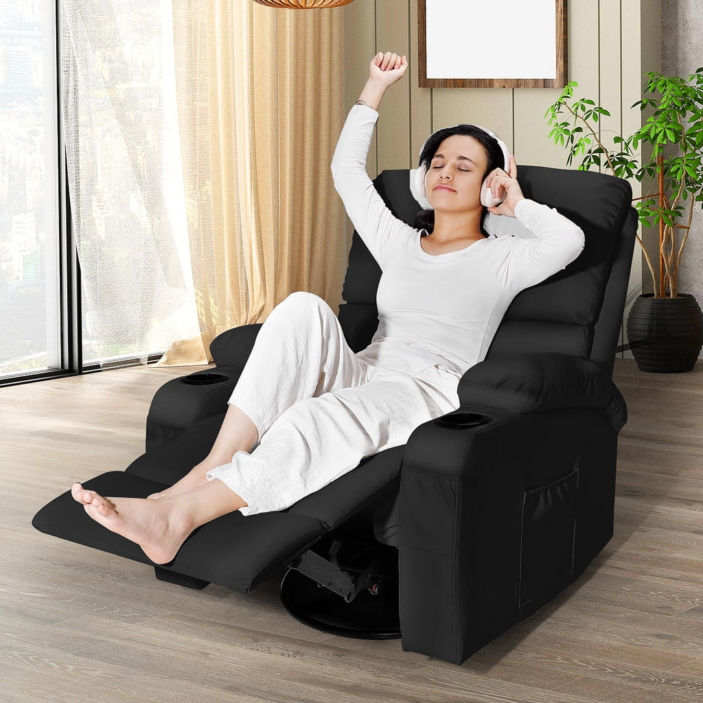 Black Faux Leather Massage Rocking Recliner Chair K6606