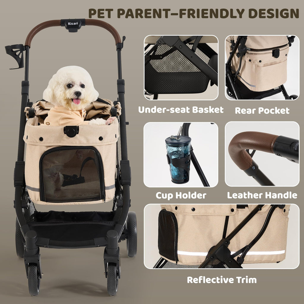 All-Terrain Dog Stroller, One-Hand Fold, Anti-UV Waterproof Canopy, Vanilla Beige W1830