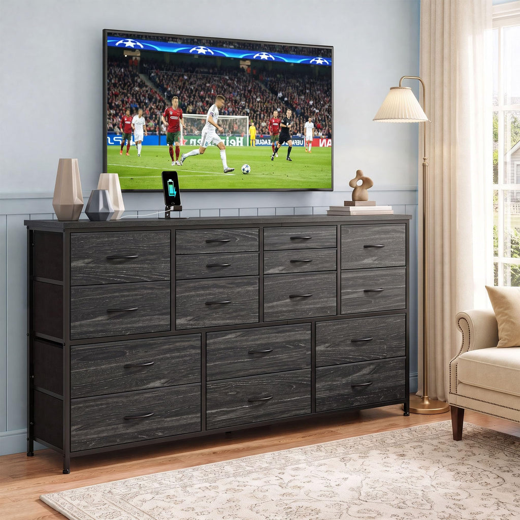 Black 16 Fabric Drawer Dresser with TV Stand P4408